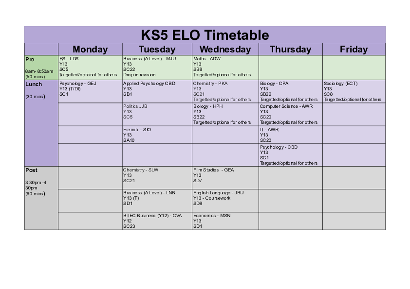 KS5 ELO Timetable
