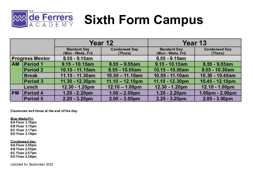 SIXTH FORM CAMPUS TIMES OF THE DAY   SEPTEMBER 2022
