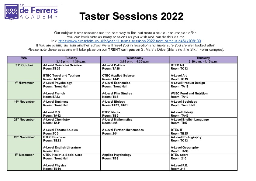 Taster Sessions Program 2022