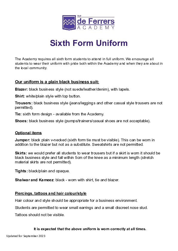 Sixth Form Uniform 2023
