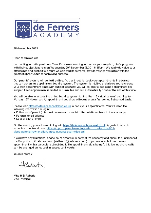 Parents Year 13 Parents Evening   29th November 2023