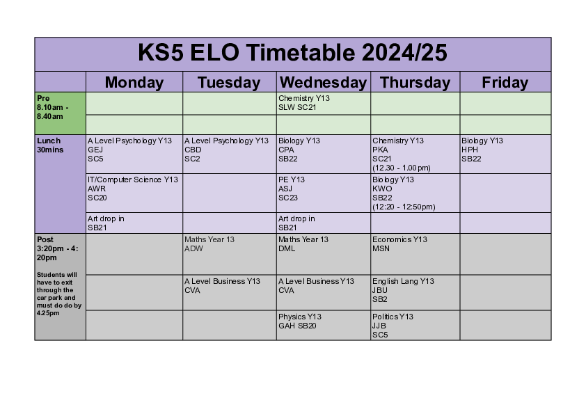 KS5 ELOs 2024   2025   Timetable