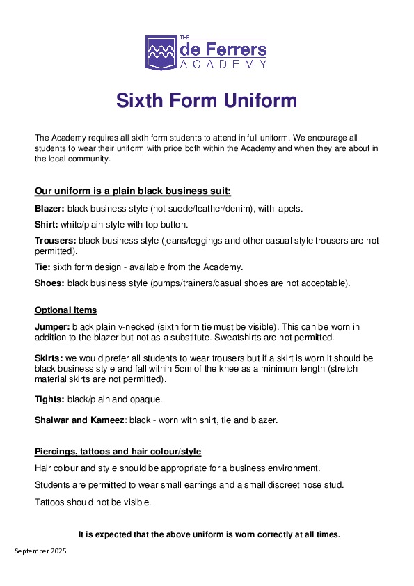 Sixth Form Uniform 2025